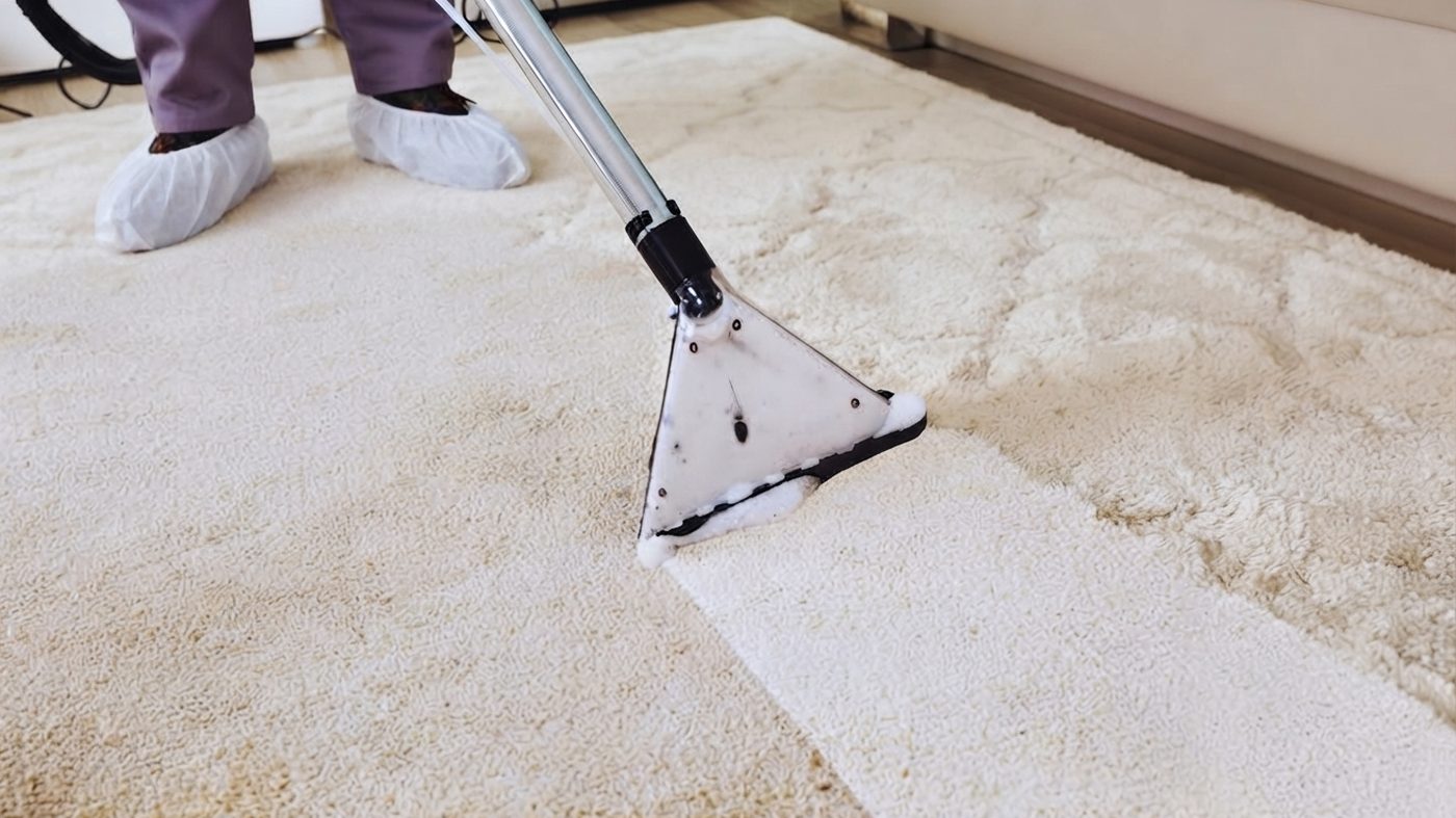 A rug being shampooed and extracted, the cleaned line clearly visible