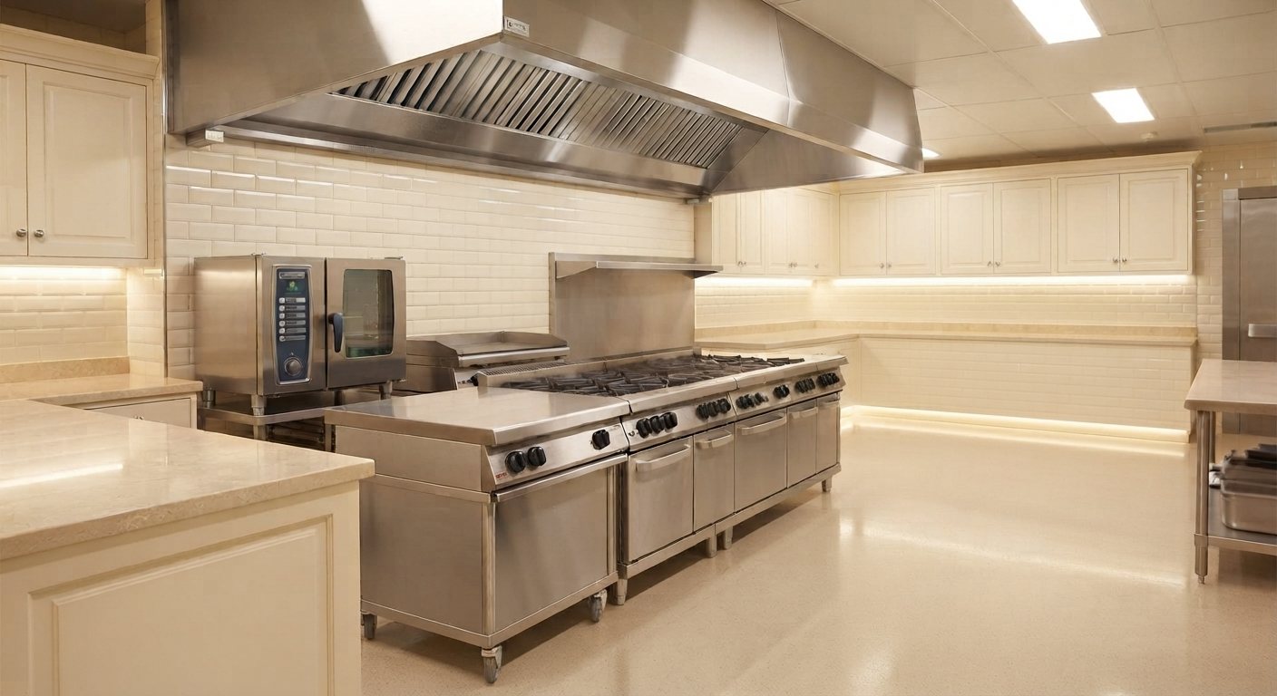 A stainless commercial kitchen extract hood and canopy degreased by MELLS in Dubai