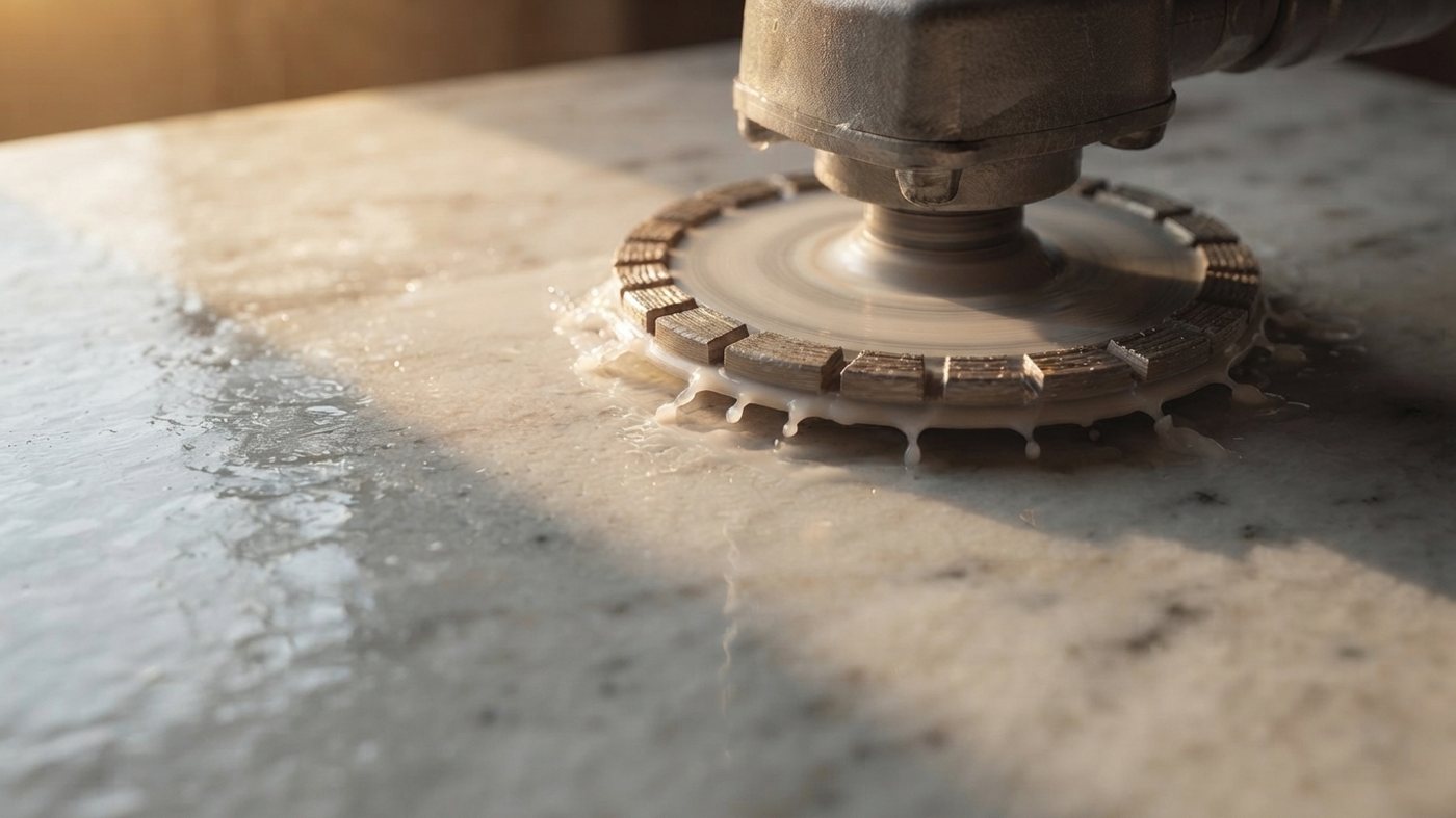 A diamond polishing head working across a marble floor in a Dubai villa