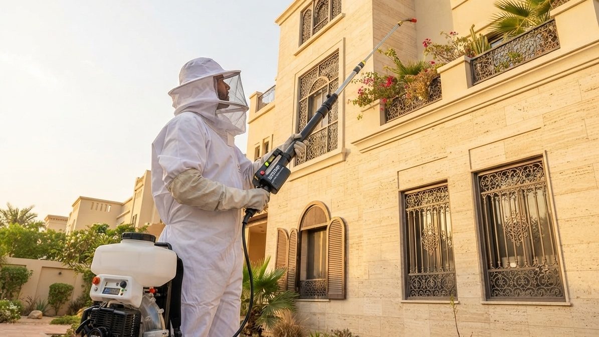 Perimeter pest control treatment around the outside of a Dubai villa