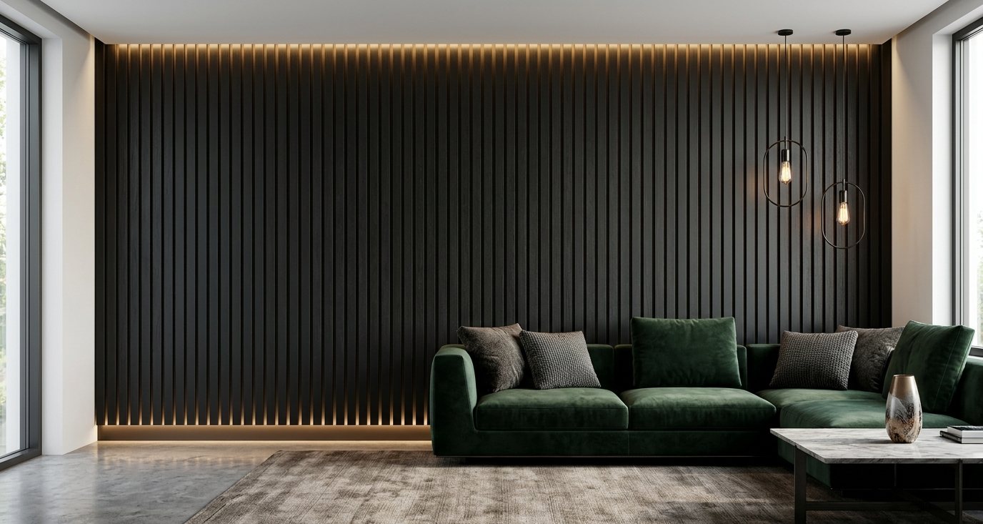 A dark slatted timber acoustic wall in a Dubai living room, cleaned between the slats