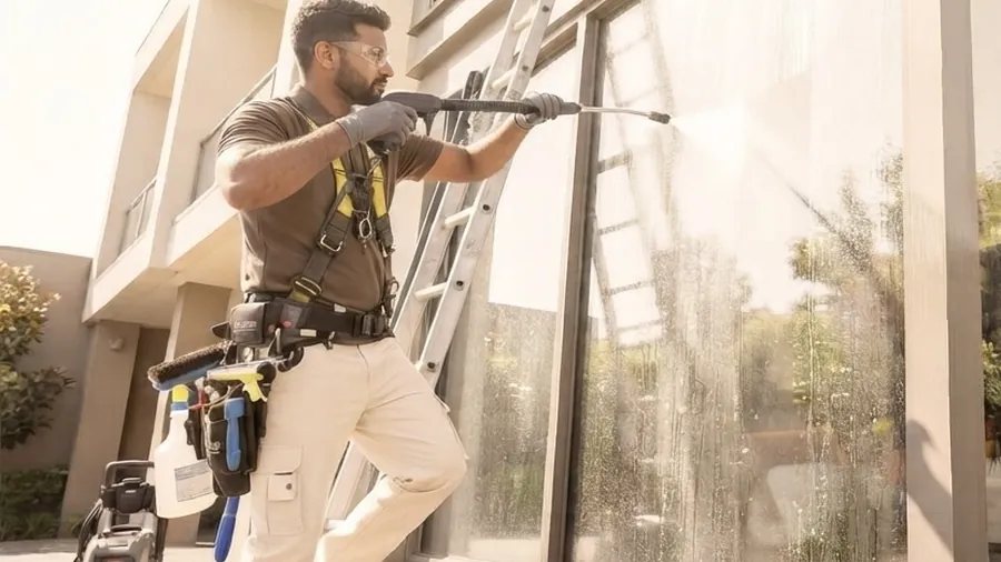 Exterior glass being washed at a Dubai villa by a MELLS technician